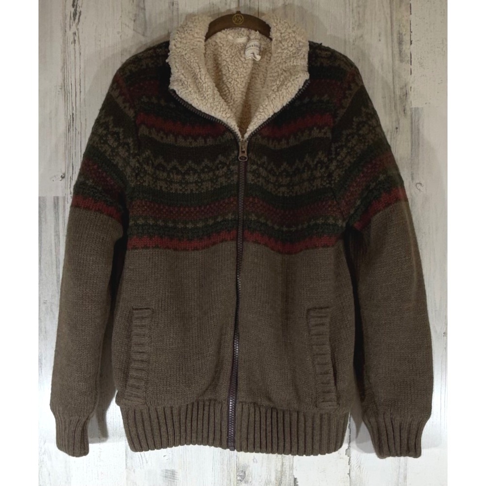 Field & Stream Full Zip Sweater Medium Brown Fair Isle Sherpa Lined Mock Neck